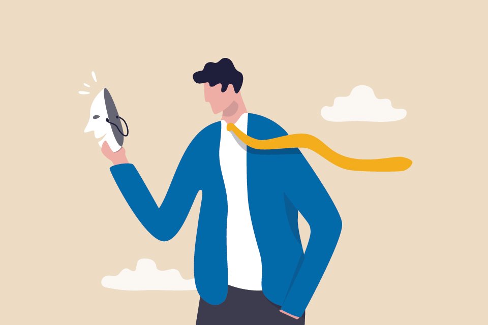 Άνδρας που κρατά μια μάσκα, εικονογράφηση για το σύνδρομο του απατεώνα